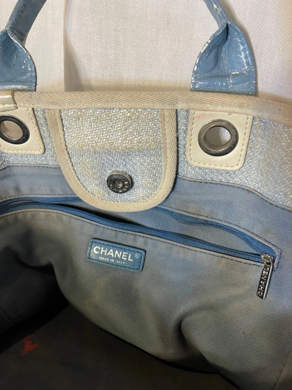 CHANEL Beige Canvas Tote with Blue Handles